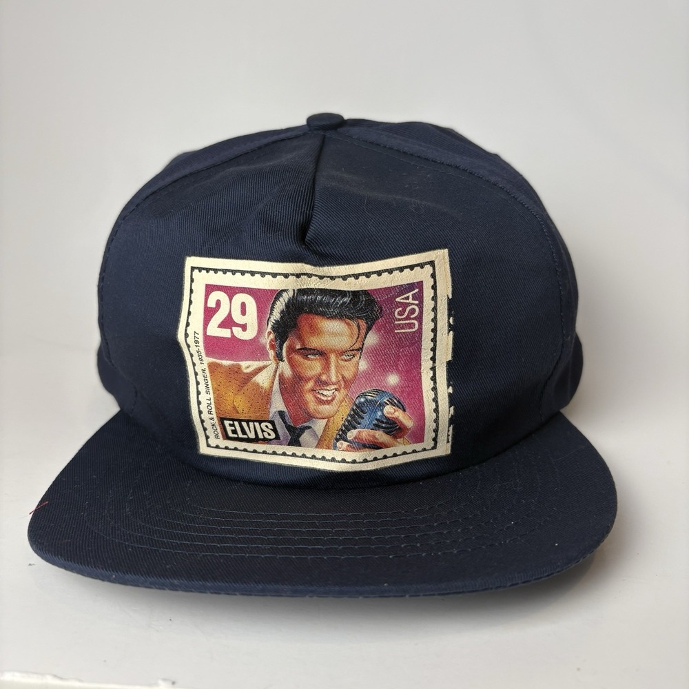 Vintage 90s Elvis Presley Snapback Hat Cap Postage Stamp Blue 1992 Aged Well